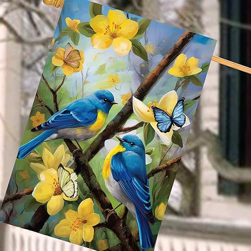 Miniatura 5 de Banderas grandes de primavera y verano de 28 x 40 pulgadas, bandera de jardín de pájaros florales de doble cara para porche exterior, patio,