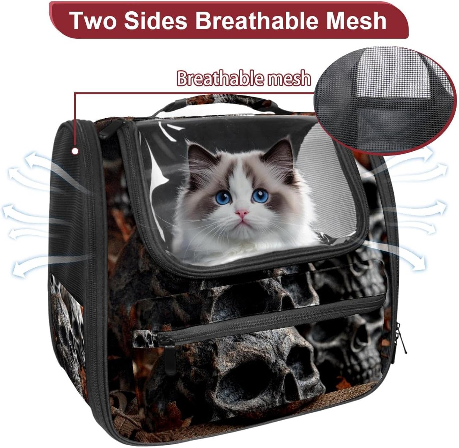 Portable Travel pet Backpack Carrier Hamster Bag Small Dog cat Carrier Breathable Hang Bag, Halloween Scarry Skulls (1)
