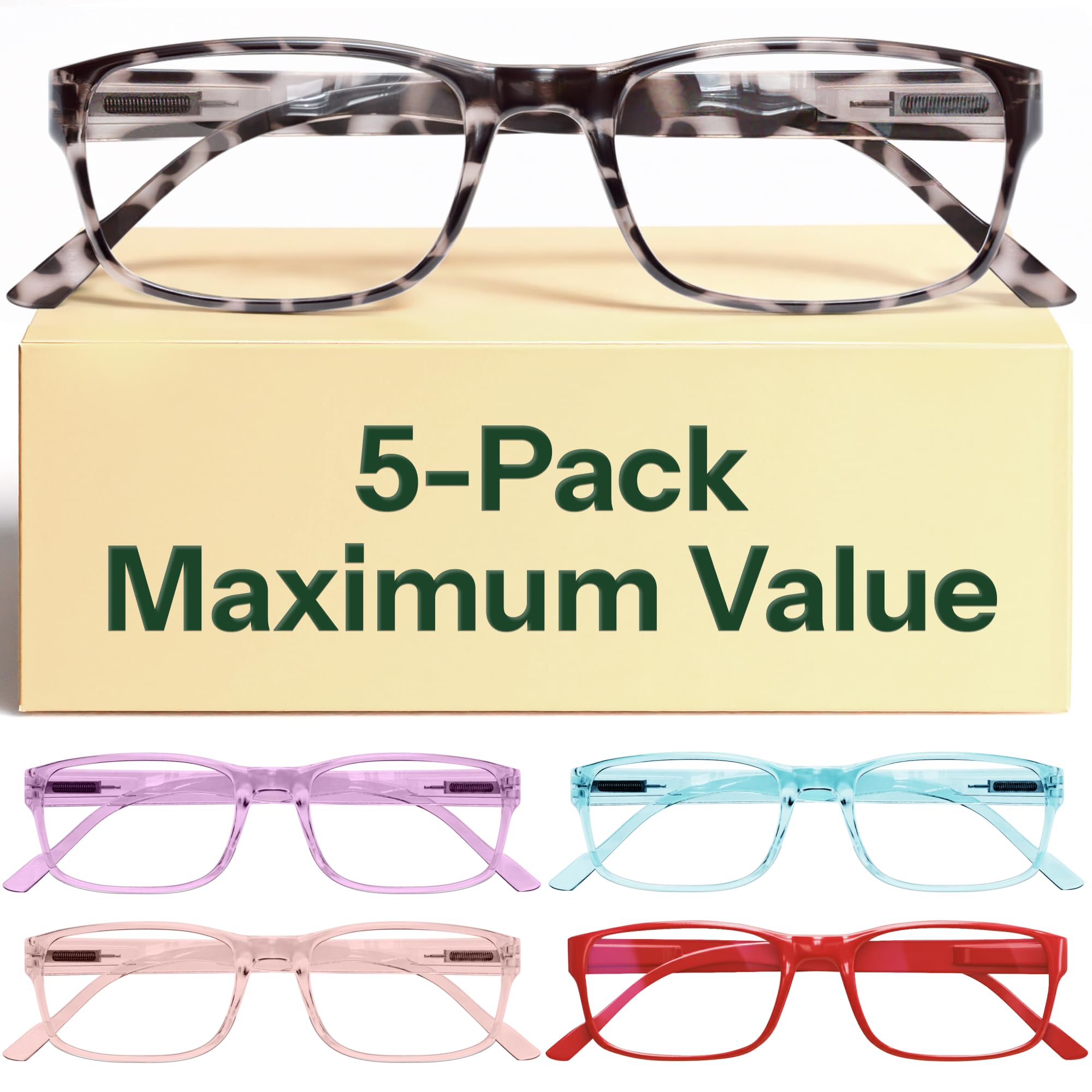 Gaoye Blue Light Blocking Reading Glasses 5-Pack (2.0 Diopter) | Spring Hinge Computer Readers - main product image
