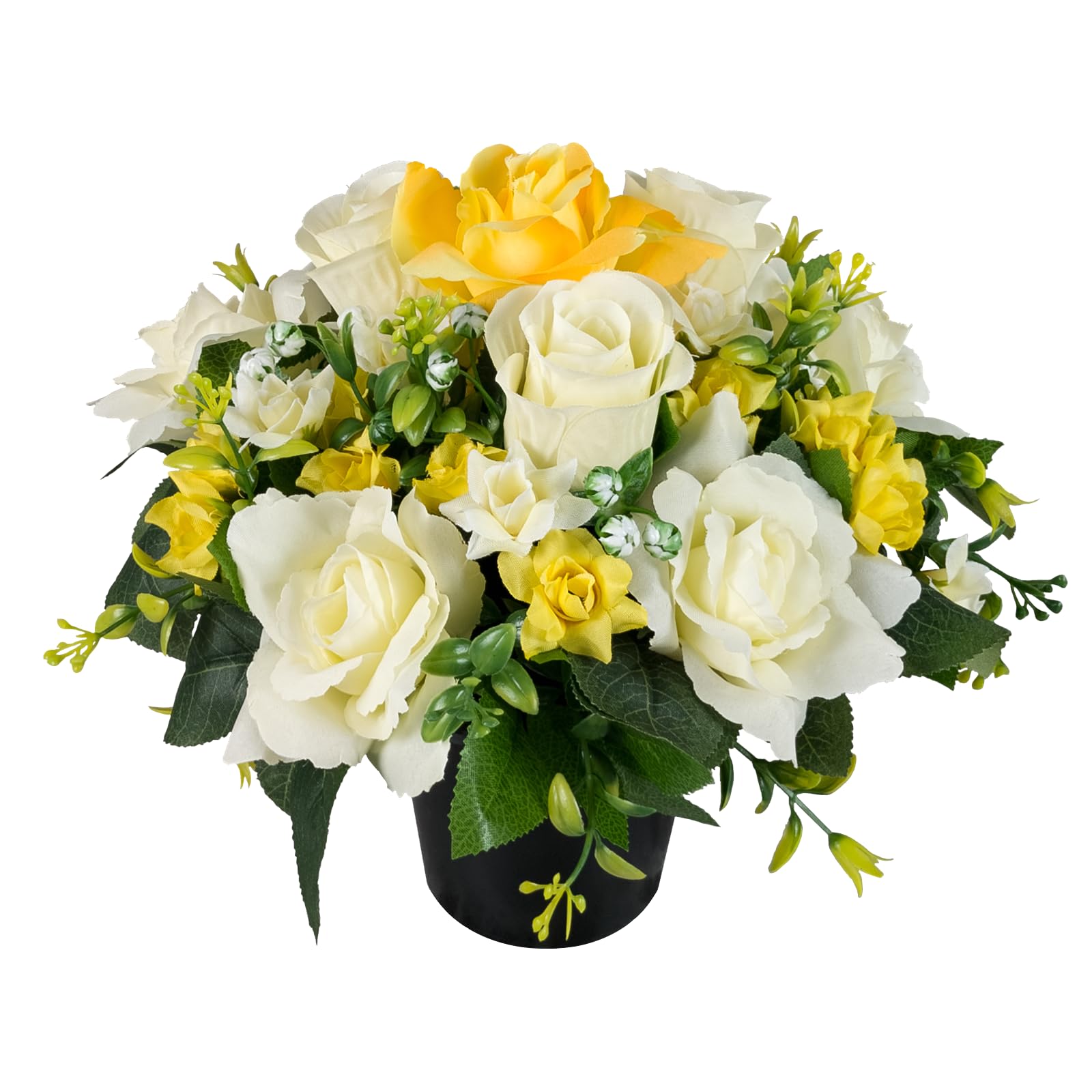 Artificial Flowers for Graves Yellow & Cream Rose/Rosebud/Mini-Roses in Pot