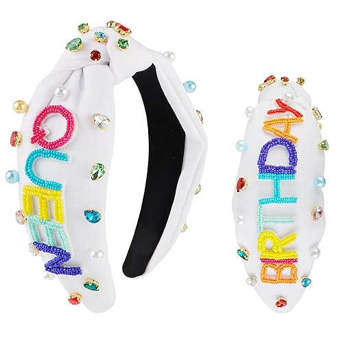 Diadema de cumpleaños Queen para mujeres y niñas, regalos de cumpleaños para mujeres, diadema anudada con cuentas de colores para mujeres, diadema