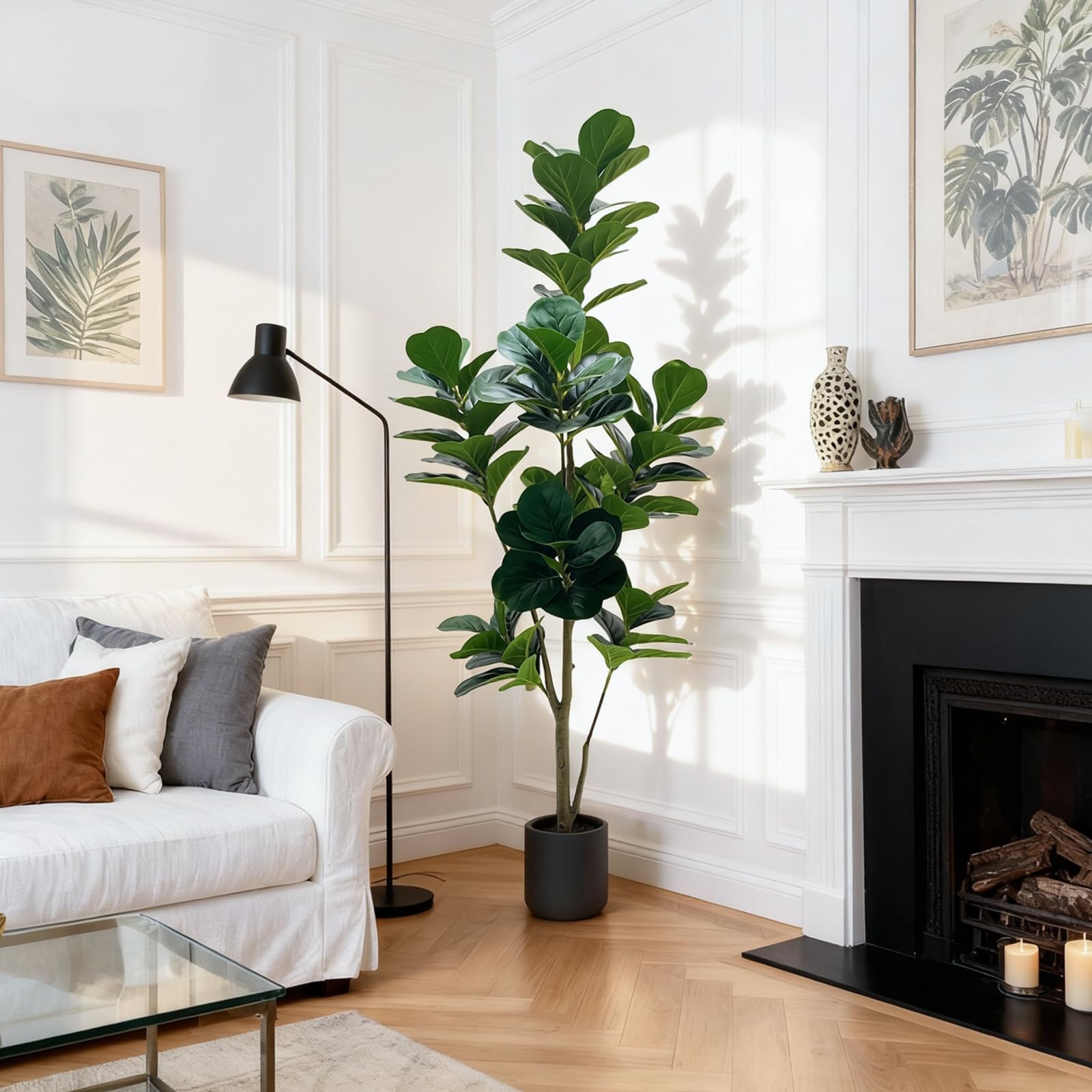 Ficus Artificiel150 cm, Ficus Plante Verte Artificielle Grande en Pot Gris Résistant avec Pierres Décoratives, Fausse Plante Intérieur Extérieur, Arbre Artificiel Décoration Salon Maison Bureau