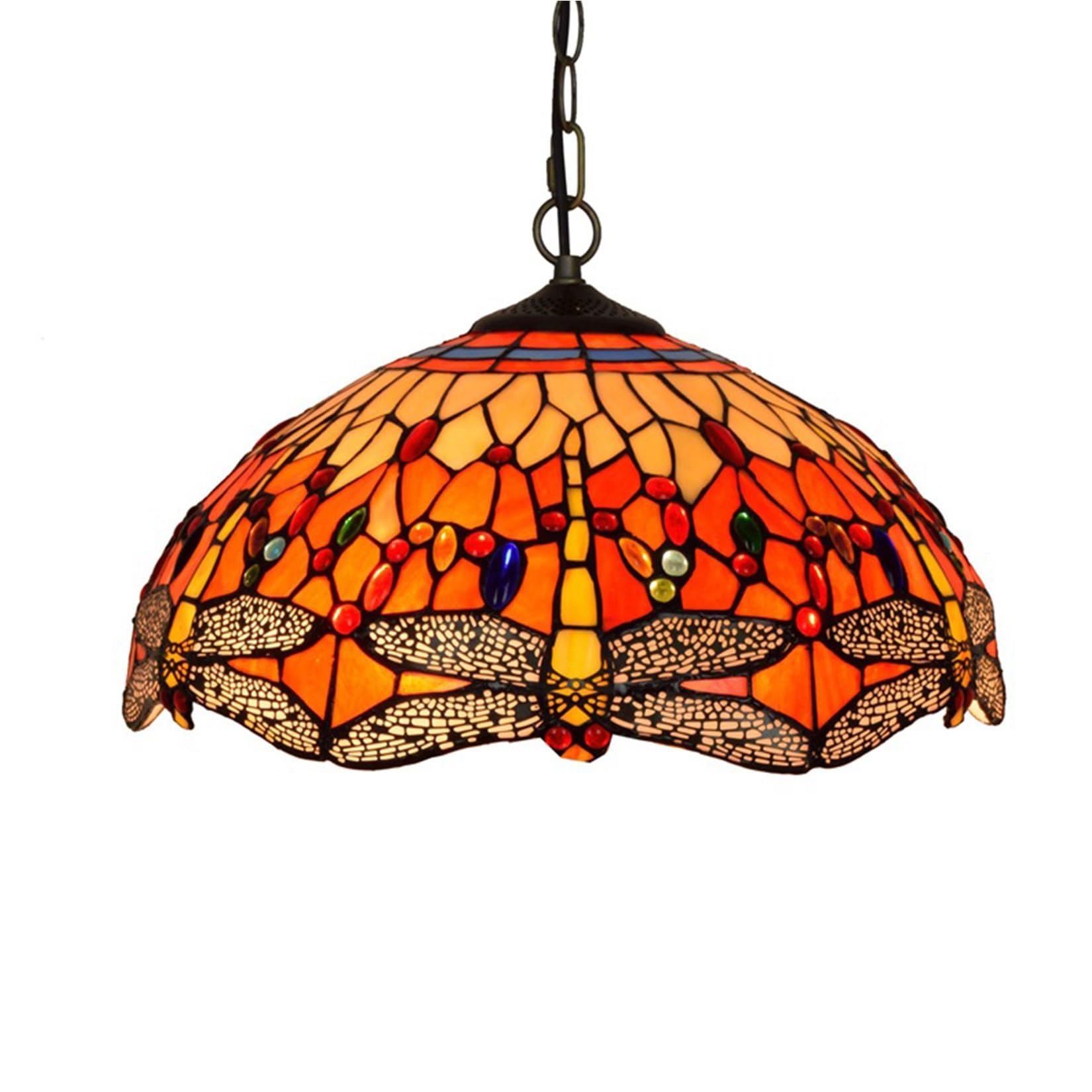 NHPJFDC Tiffany Chandelier Lamp Baroque and Dragonfly Stained Glass Pendant Light Fixture, Vintage Hanging Lamp for Aisle Balcony Hallway Bedroom Kitchen Dining Room,16 Inch,Red B