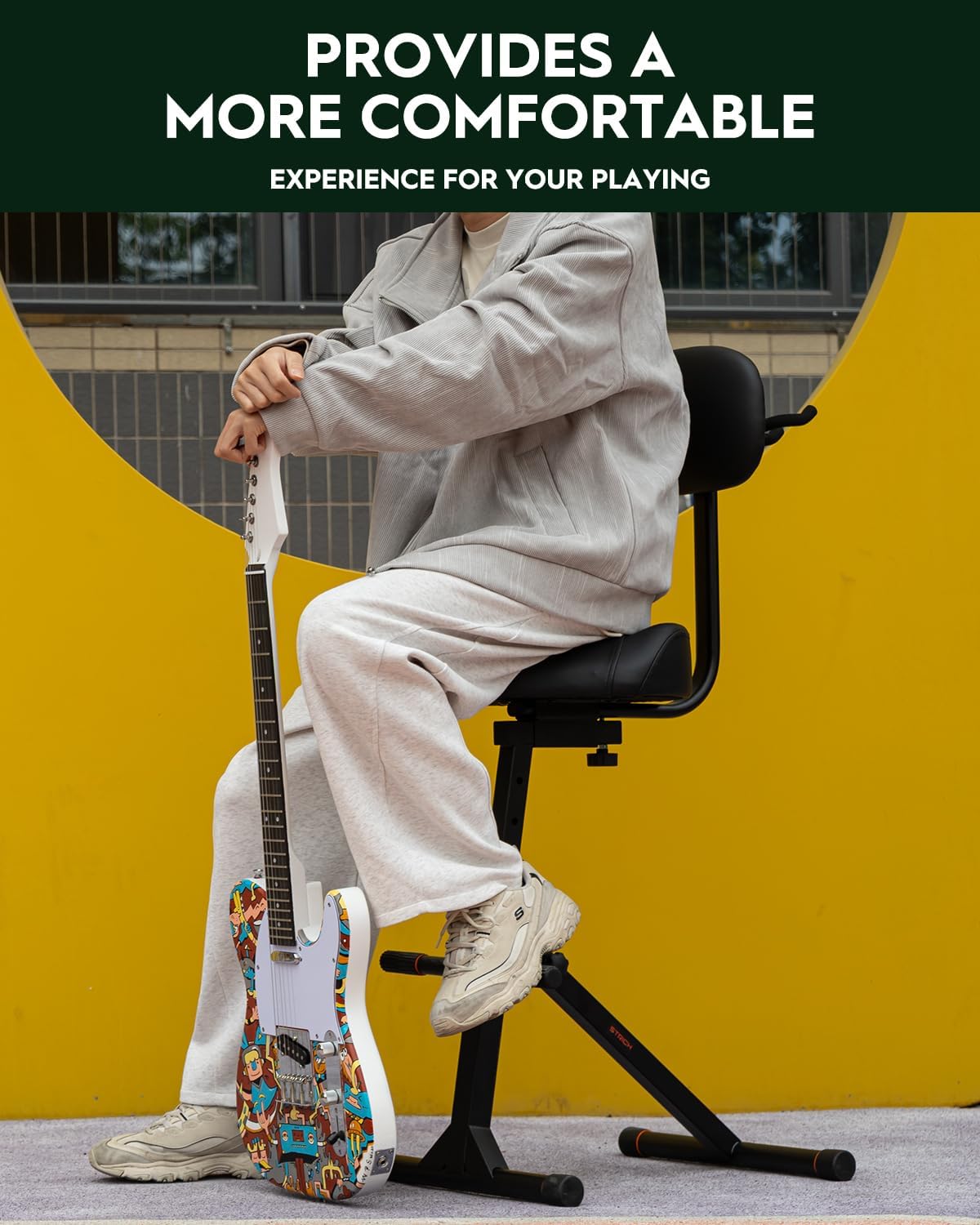 STRICH Guitar Stool with Backrest, Adjustable Stool, Height Adjustable Seat with Hanger for Acoustic Electric Bass Guitars, Drum Throne for Adults, Drummer and Guitarist SGT-40