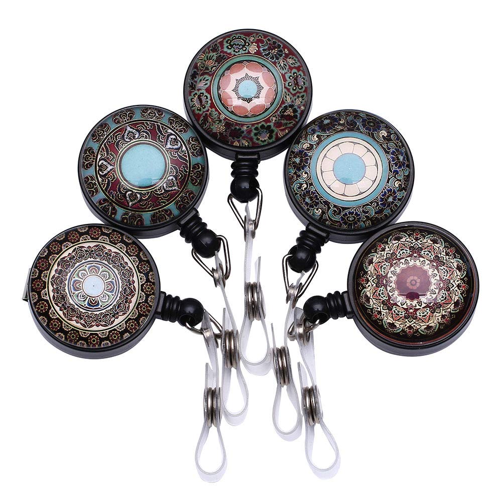ID Badge Holder Retractable, ID Badge Reels with Belt Clip by Purida, Retractable Badge Holder, Nurse Badge Reel, 5 Assorted Patterns Decorative, 5 Pack, Mandala