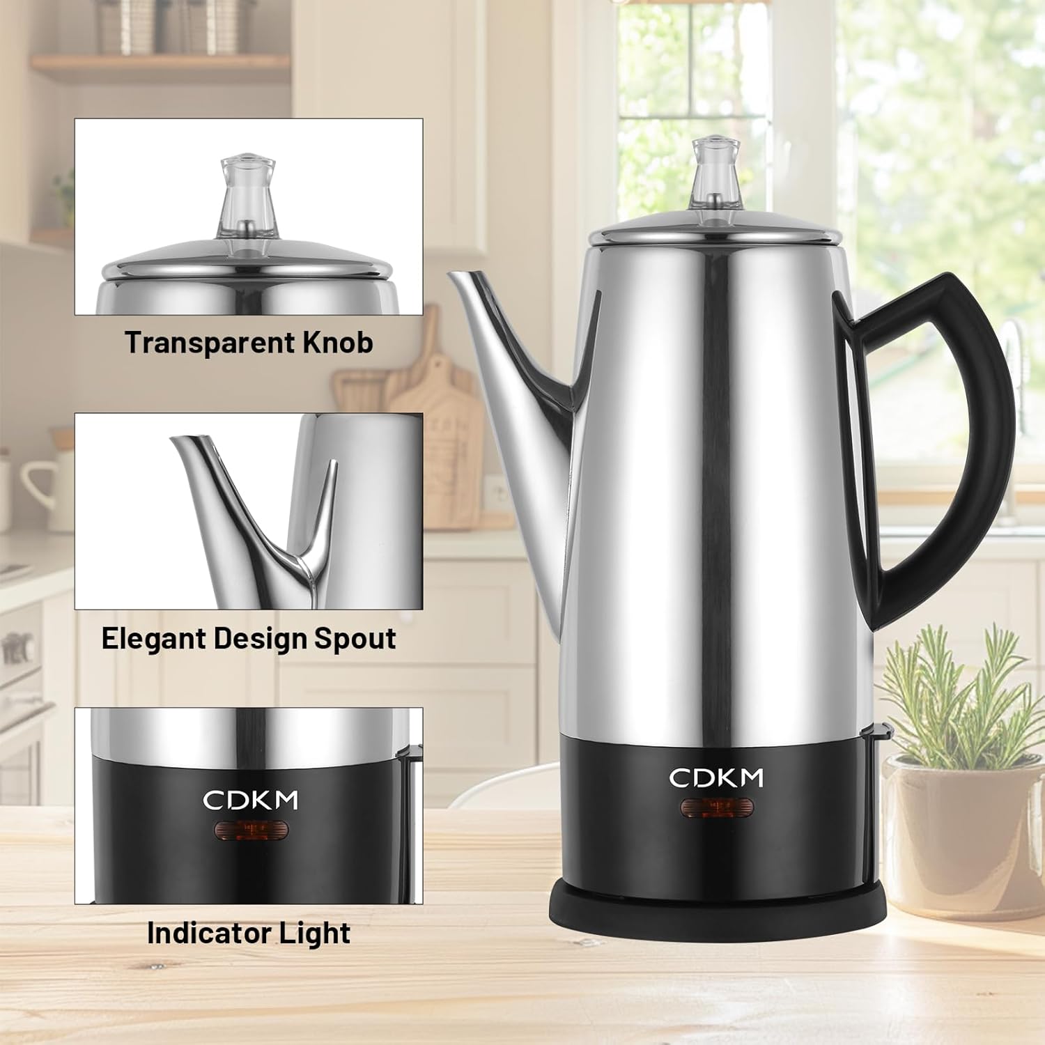 Classic 12 Cup Percolator, PC-9822, Stainless Steel with keep warm,cordless service (Mirror Polished)