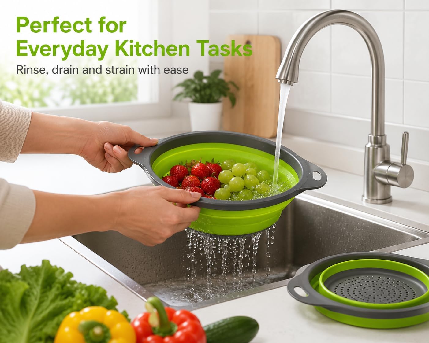 Collapsible Colander Set of 2, Folding Kitchen Strainers, Large & Small Silicone Drain Baskets for Pasta, Fruits and Vegetables