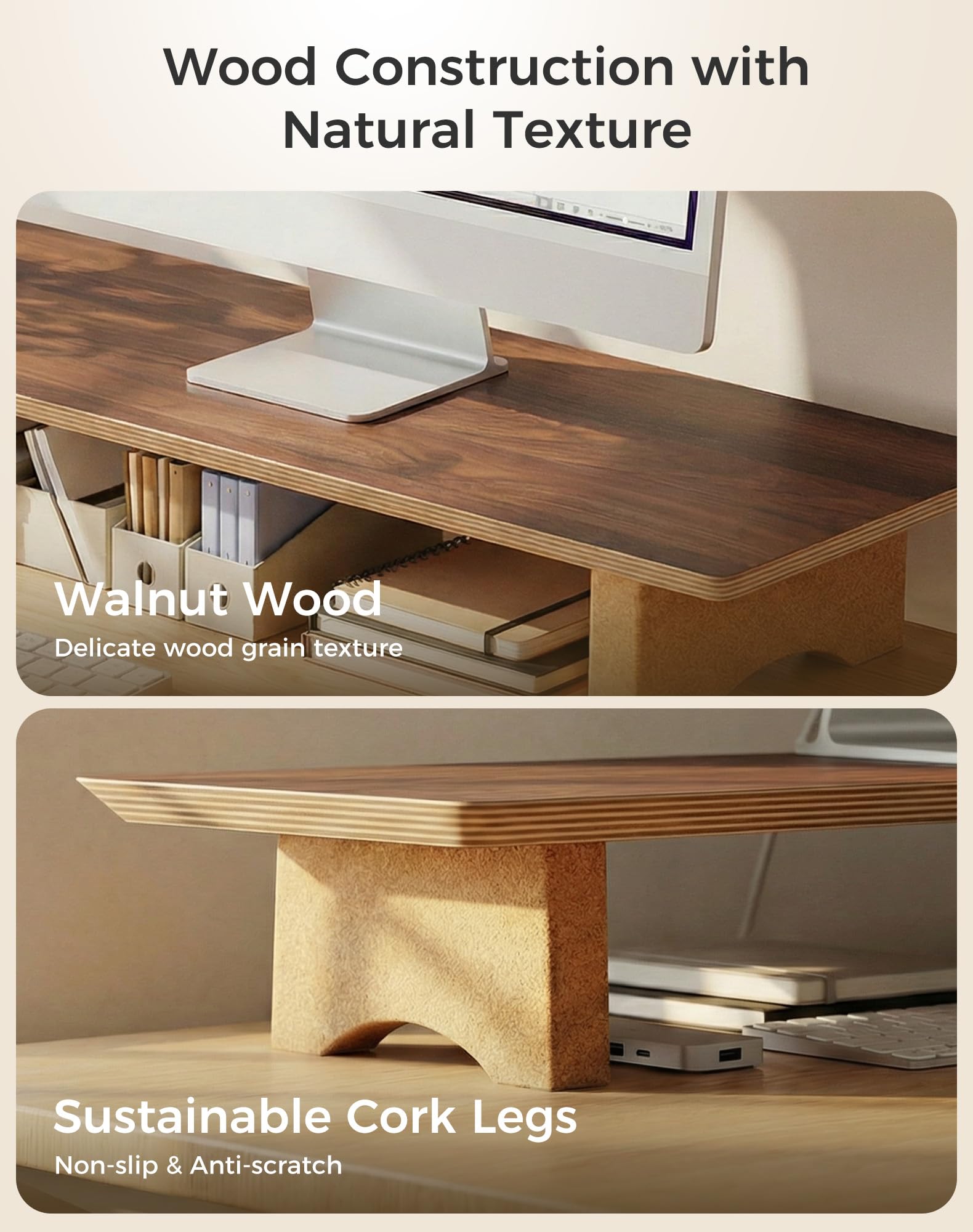 Aothia grande supporto per doppio monitor, mensola da scrivania in legno massello con gambe in eco sughero per computer portatile/TV/PC/stampanti per accessori da ufficio (noce nero)