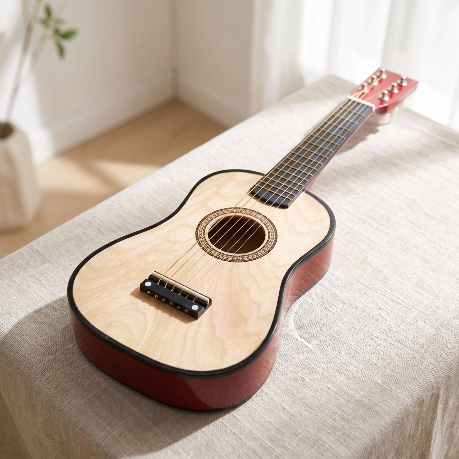 Qianly Chitarra Acustica Maneggevole Chitarra Piccola Suono Caldo Strumento Musicale per Bambini, Studenti, Casa, Nero, 23 Pollici