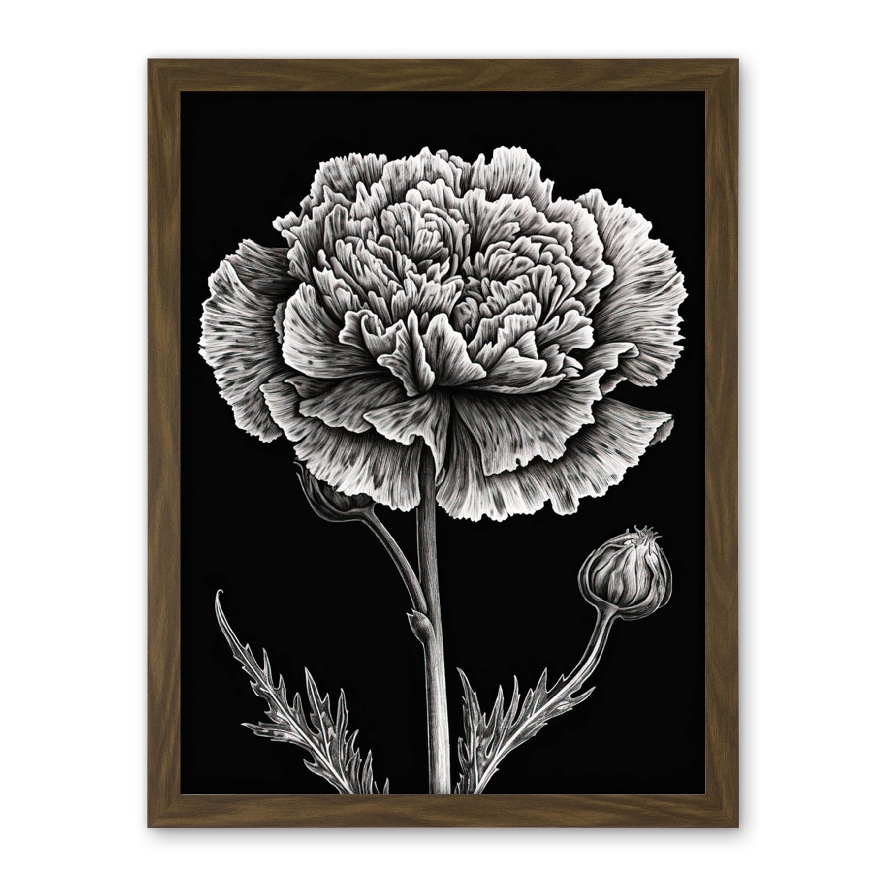 Artery8 Black and White Linocut Carnation Flower Print Artwork Framed Wall Art Print 18X24 Inch