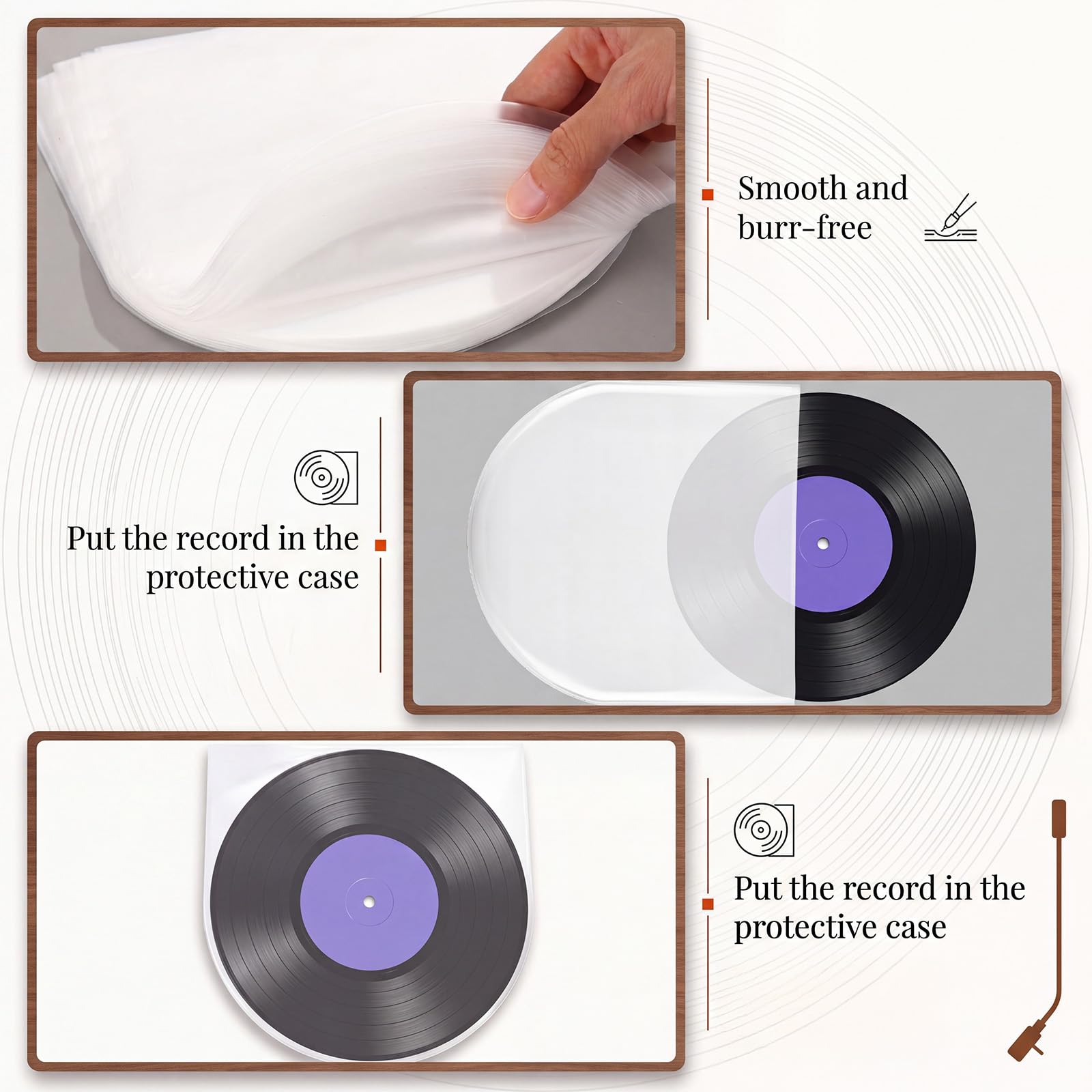 Fumete Scatola portaoggetti in legno per dischi in vinile, con 100 custodie per dischi da 45 giri/min, organizer resistente per album con manici e custodia quadrata in carta kraft da 17,8 cm, per