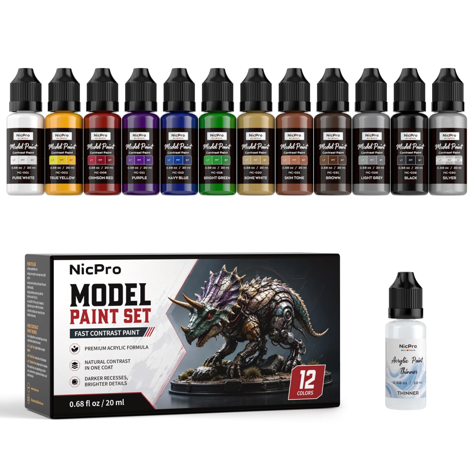 Nicpro 12 Colors Fast Contrast Model Paint Set, 20ml Ready to Use