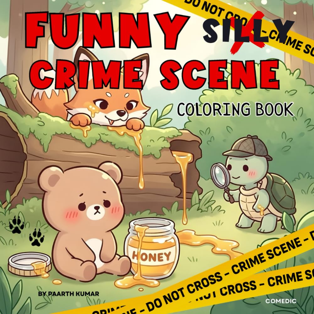 Funny Crime Scene Coloring Book: 50 Parodic Cute & Cozy Animal Crime Scene for Stress Relief. Silly and Funny Crime Scenes Moment Coloring Book for Adults and Teens.