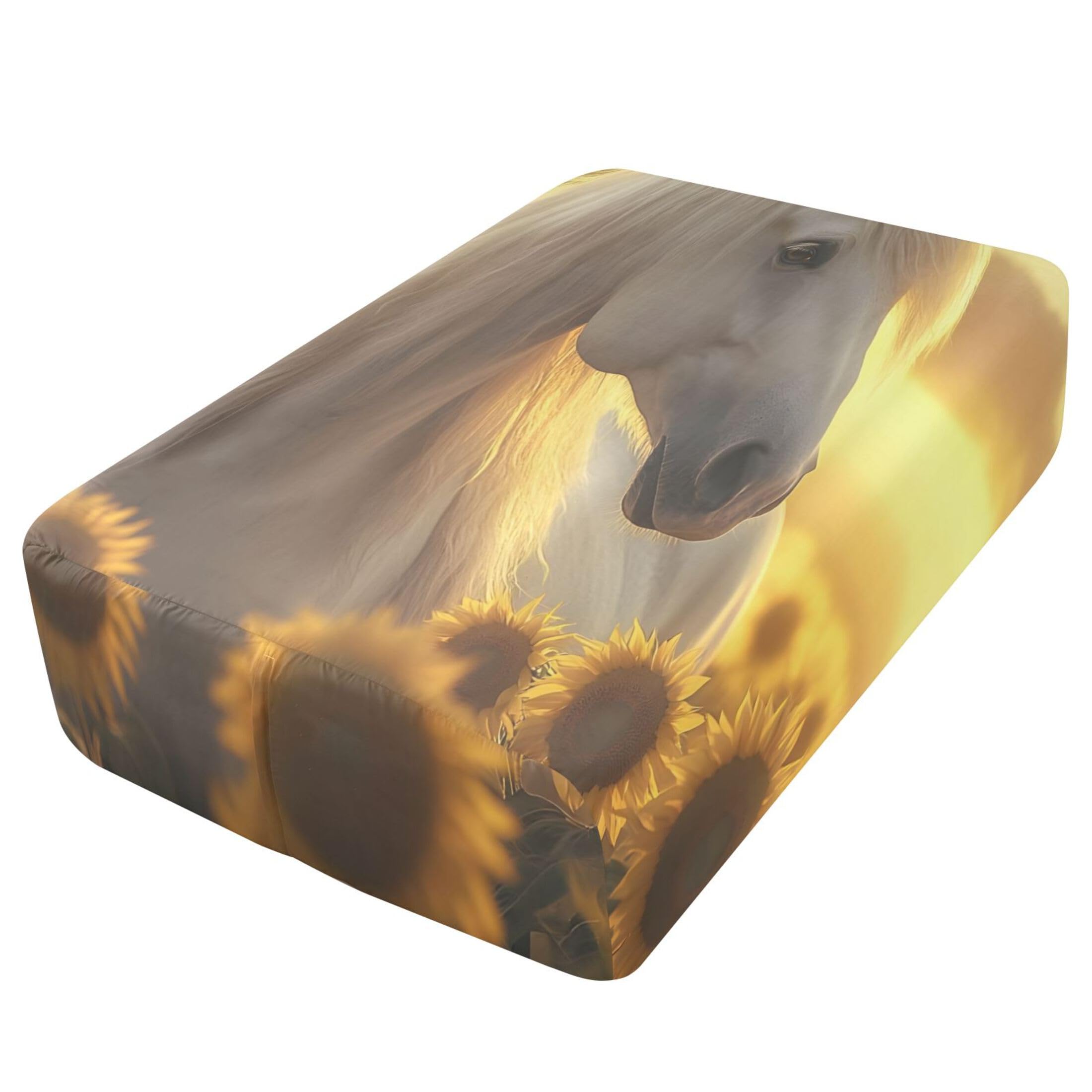 Sábana bajera ajustable individual con soporte de caballo en campo de girasoles, bolsillo extra profundo de 24 pulgadas, funda suave y transpirable con apertura de válvula de cremallera para