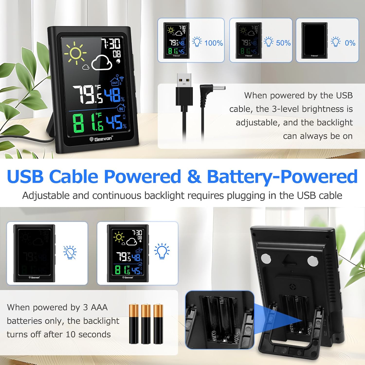 Diagram showing USB cable power for continuous backlight and battery power for 10-second backlight