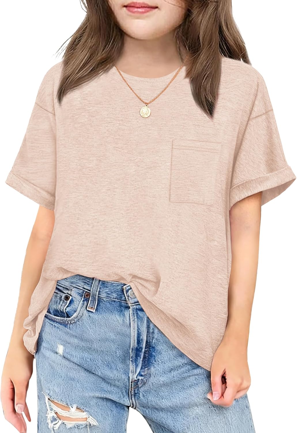 Arshiner Girls Oversized T Shirts with Pocket Short Sleeve Basic Crewneck Summer Casual Loose Tops Clothes 5-14 Years