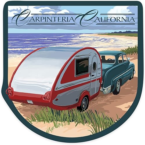 Adhesivo troquelado Carpinteria, California, Retro Camper on Beach, vinilo adhesivo de contorno de 3 a 6 pulgadas, (calcomanía impermeable para