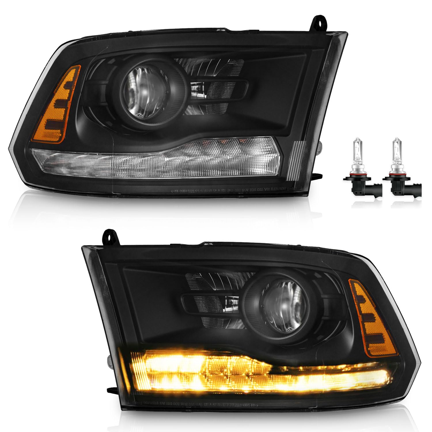WEELMOTO Factory Projector LED Headlights Assembly For 2013-2018 Dodge Ram 1500 2500 3500, Headlight Assembly Pair Replacement For 2019 Ram 1500 Classic Only Projector Black Housing with Amber DRL