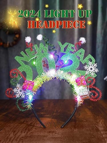 Miniatura 8 de TWINKLEDE Diadema iluminada para el año nuevo 2024, aro de pelo con purpurina verde para mujeres y niñas