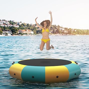 GYMAX Water Trampoline, Floating Lake Trampoline with Electric Pump & Rope Ladder, Inflatable Water Bouncer for Lake, Heavy Duty for Adults