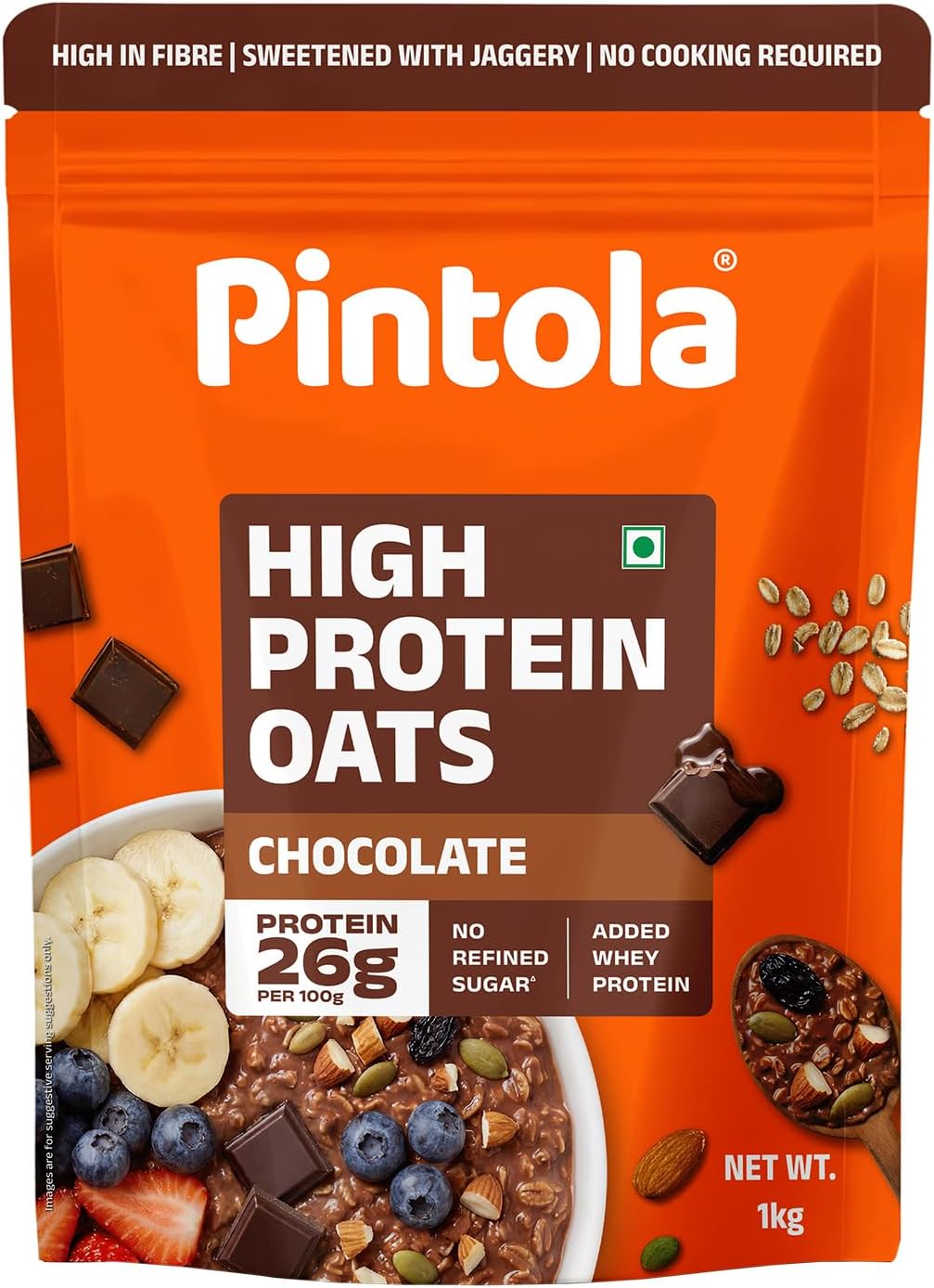 26g High Protein Oats 1kg, Dark Chocolate, No Refined Sugar, with Almonds, Raisins, Pumpkin & Chia Seeds, 9.6g Fibre, Rolled Oats for Weight Loss, Breakfast Cereals | Gluten Free