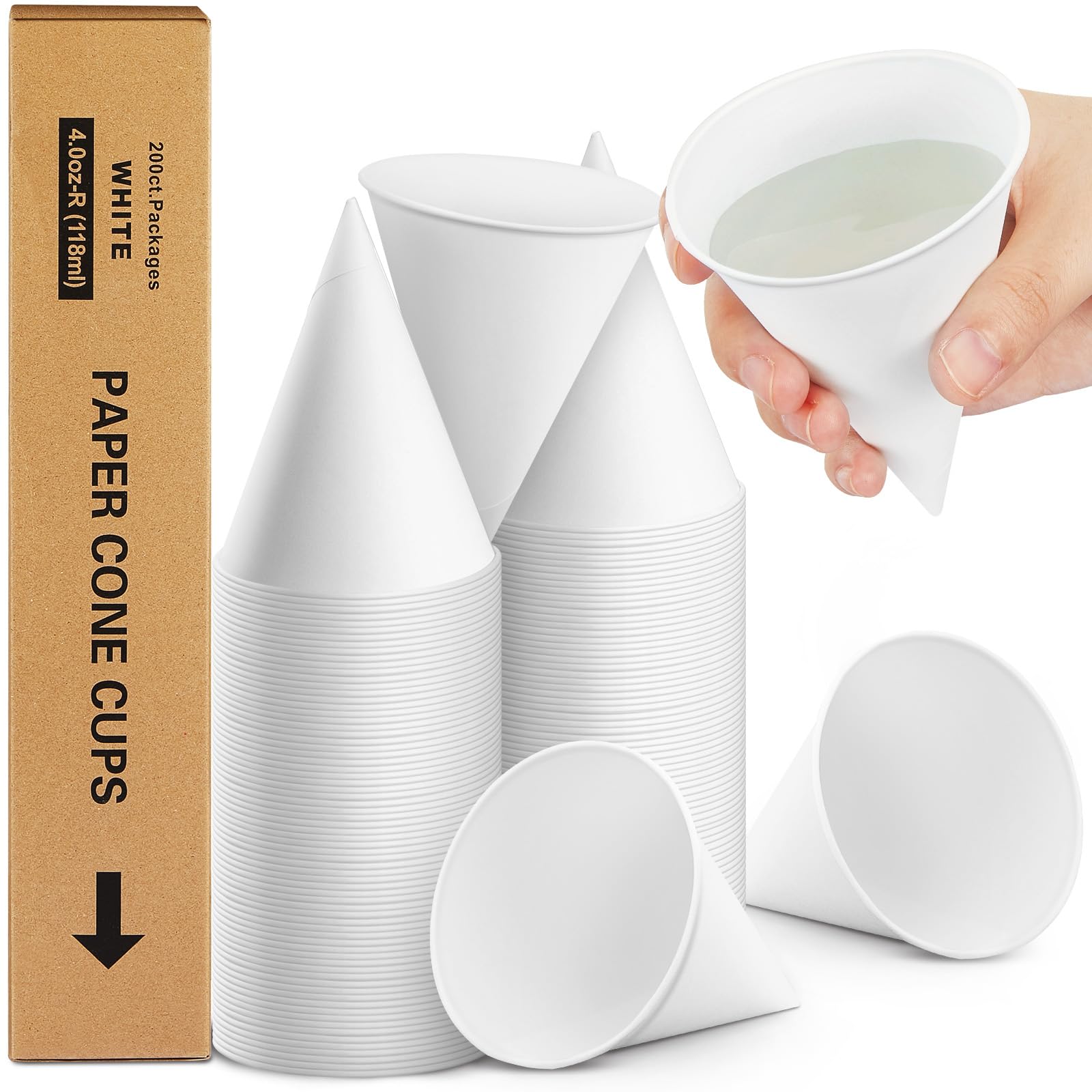 Roshtia 200 vasos de cono de papel, vasos de cono gruesos para hielo afeitado, granizados y dispensador de enfriador de agua, color blanco (4 onzas)