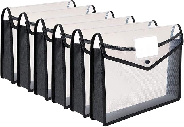 A4 Plastic Wallets, 6 Pcs Popper Wallet Plastic File Folder Poly Envelope Expanding File Wallet Document Folder with Snap Closure and Card Slot, Premium Pockets Files Envelope for School Office Home