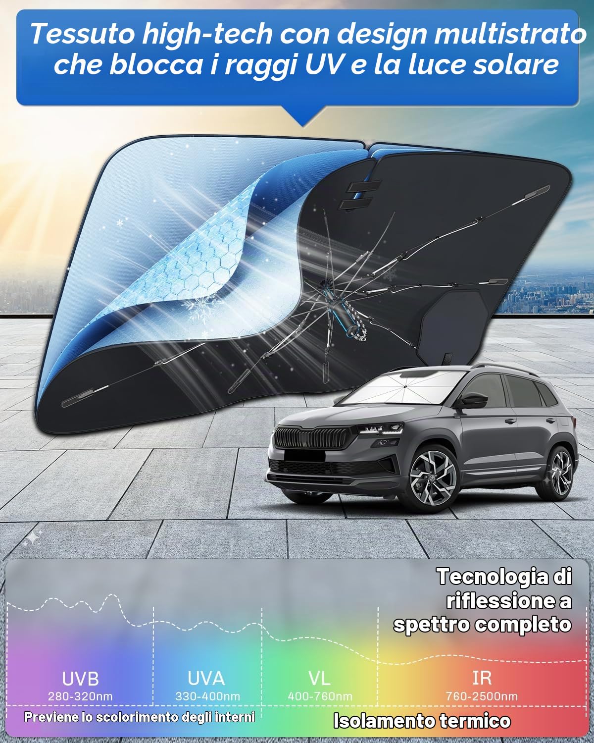 SHAOHAO Compatibile con Skoda Karoq 2019-2026 Parasole per auto Parasole per parabrezza Facile da riporre Maniglia con cordino Protezione UV Accessori Skoda Karoq parasole