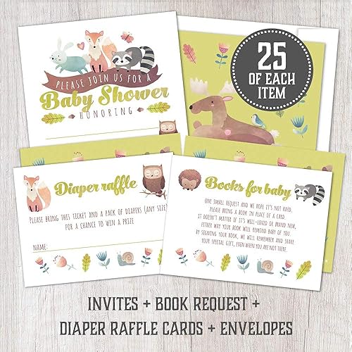 Miniatura 6 de Un juego de 25 invitaciones para baby shower, boletos para sorteo de pañales y tarjetas de solicitud de libro de baby shower con sobres.