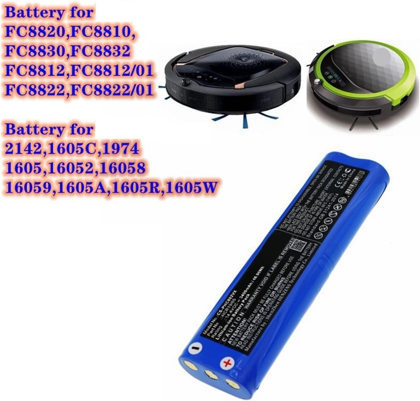 14.4V 2600/3400mAh Battery，Compatible for Bissell 1605 16052 16059 1605A 1605C 1974，for FC8820，Robot Vacuum Cleaner Long-Lasting Battery(2600mAh)