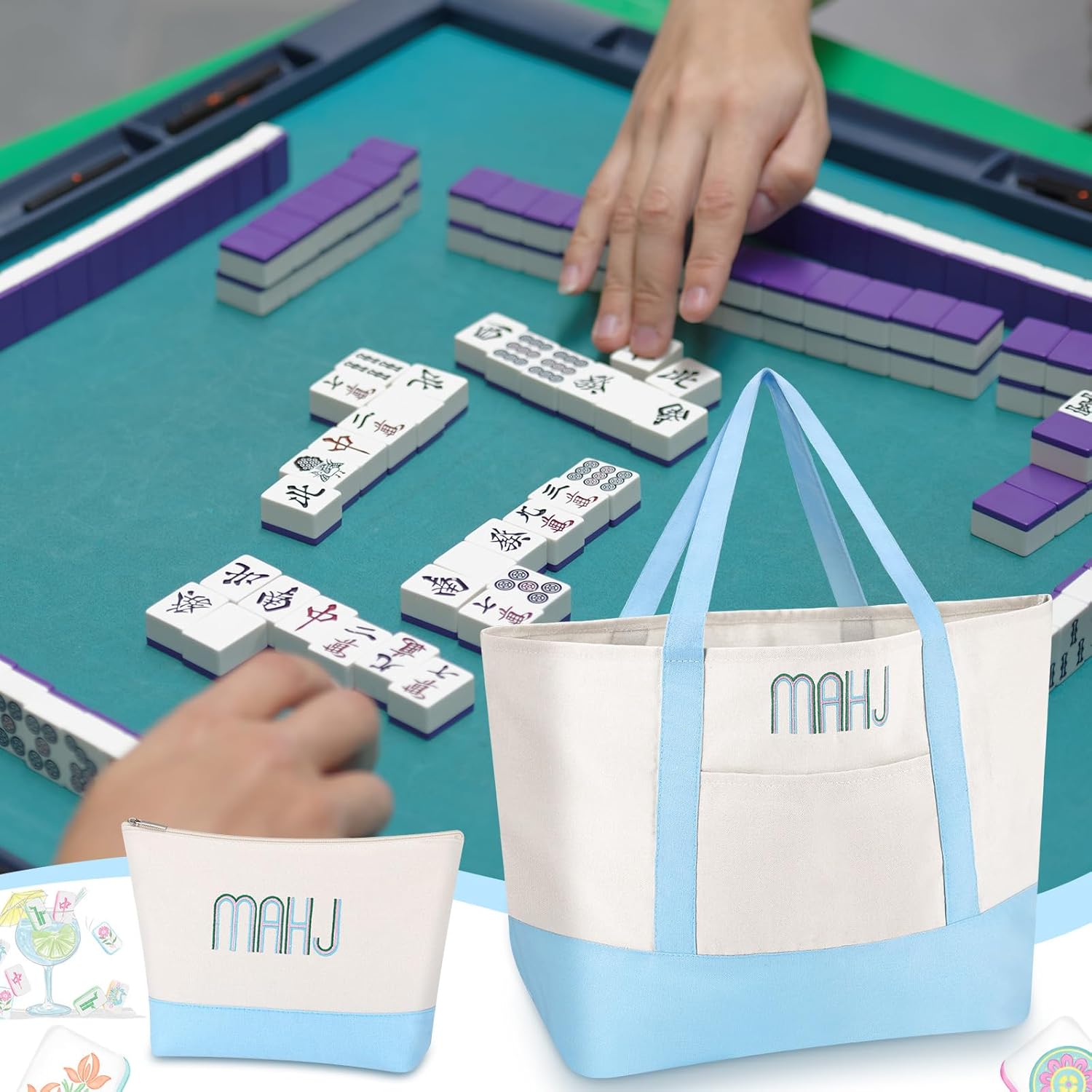 Booson 2 Pcs Empty Mahjong Canvas Bag Embroidered Tile Bag Mahjong Set Include Tiles Bags and Racks for Mahjong Lover Accessories Overnight