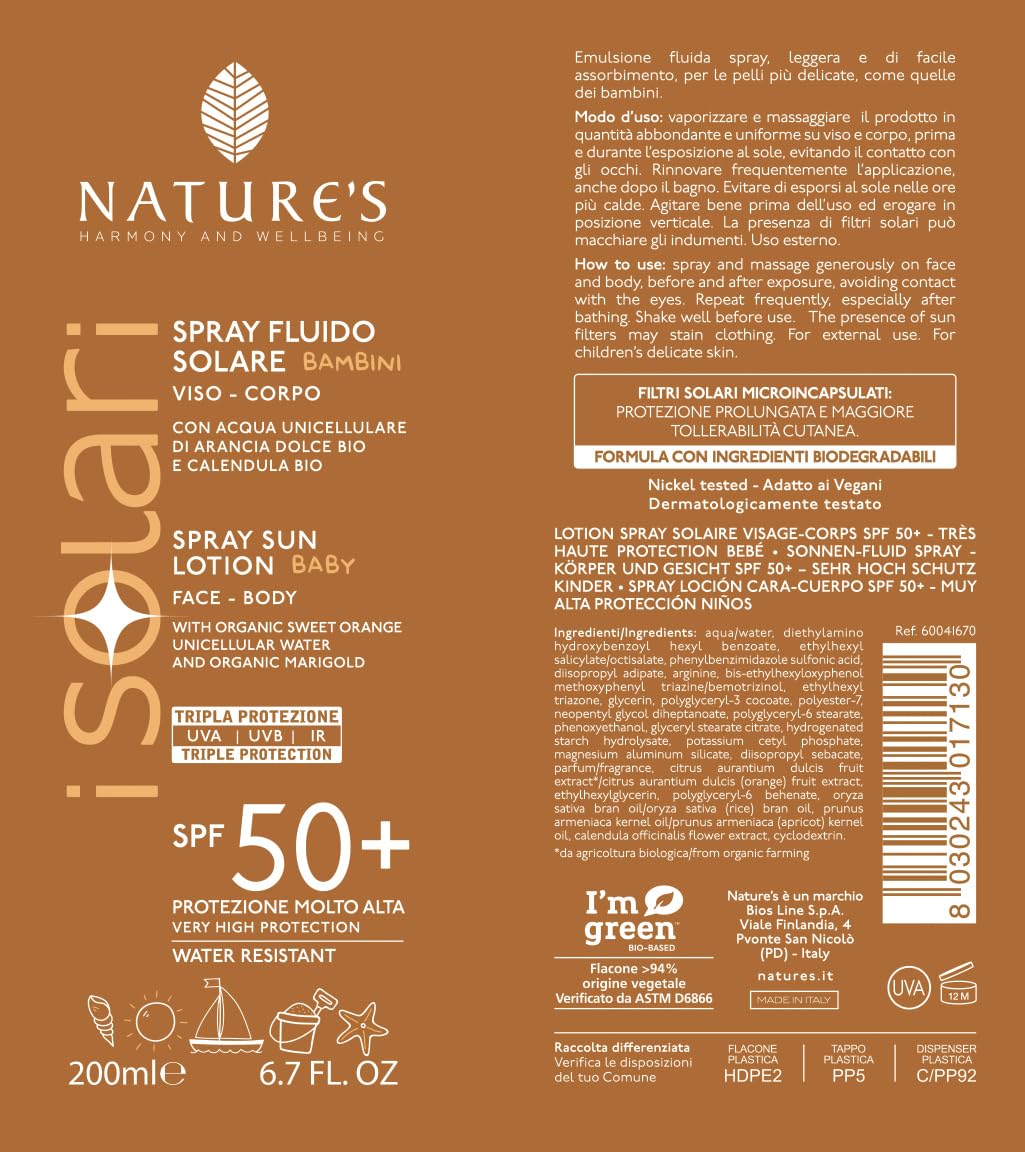 Nature's - iSolari, Spray Fluido Solare Bambini SPF 50+, Protezione Solare Spray, Protezione Solare Bambini, Rapido Assorbimento, Azione Protettiva 200 ml