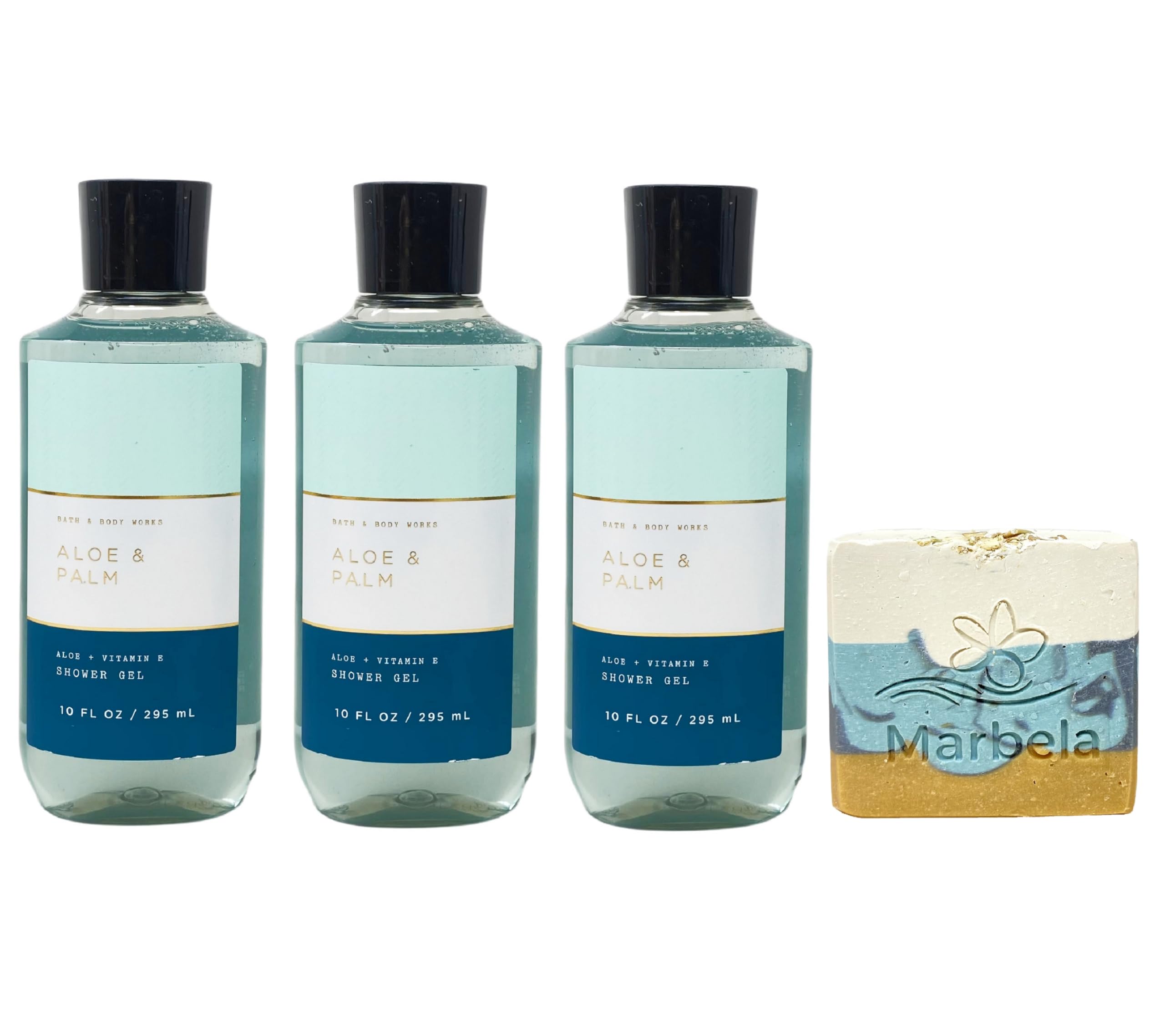 Bath & Body Works Aloe & Palm 3 Pack Shower Gel Bundle with a Sea Breeze Bar Soap - Full Size