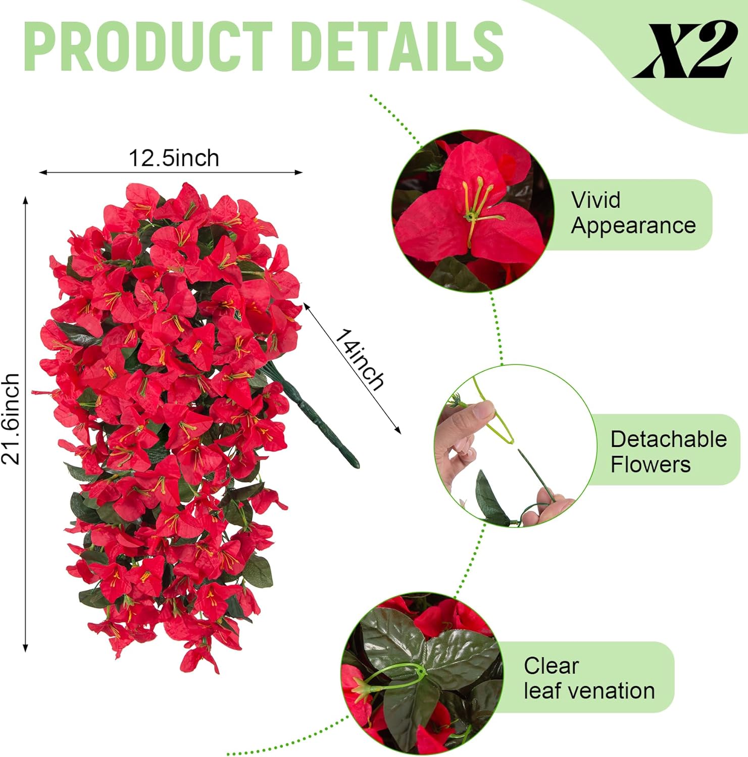 Fake Bougainvillea Artificial Flowers for Outdoors Decoration 2 pcs Faux Hanging Flowers Plants for Outdoor Planters UV Resistant Silk Bougainvillea Vines for Front Door Porch Urn Patio Garden