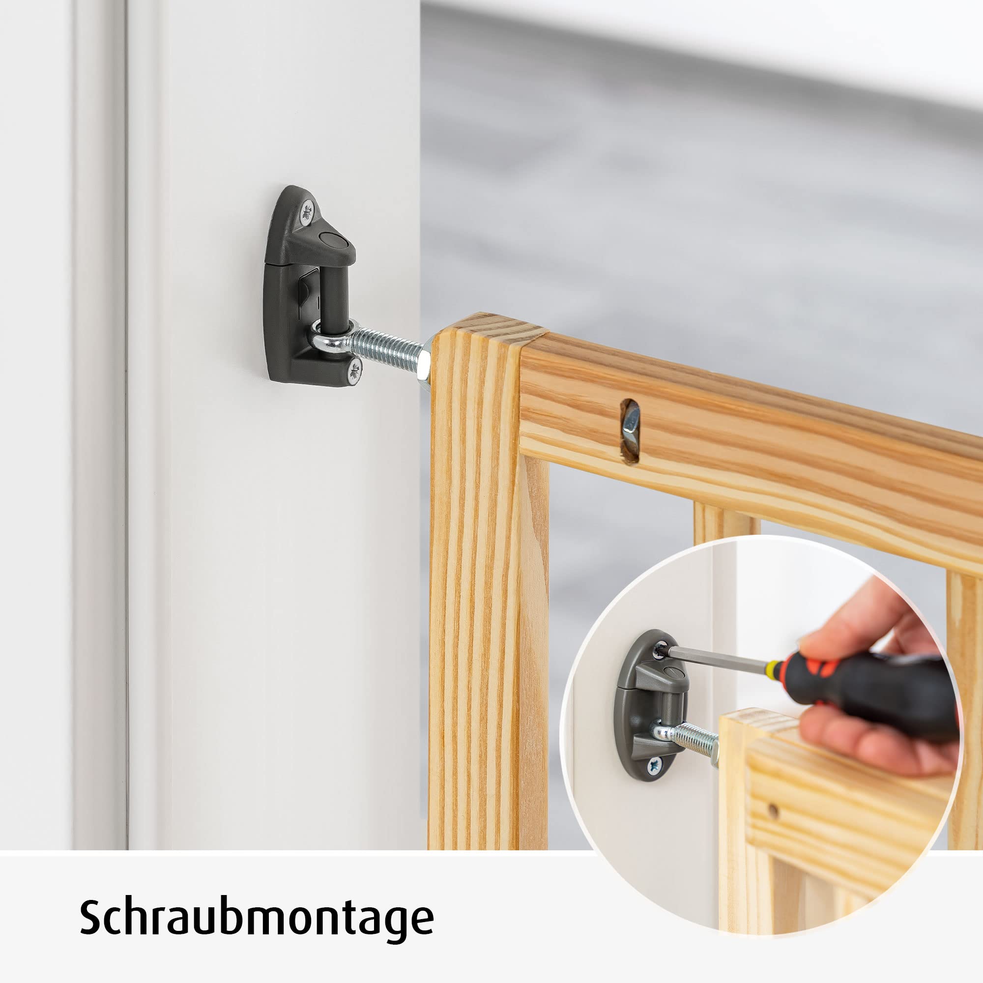 Reer Treppenschutzgitter und Türschutzgitter Basic zum Schrauben, Holz, Stabiler Halt, Durchgangsbreite 65,5-106cm, 46977, Braun, 65,5-106 cm