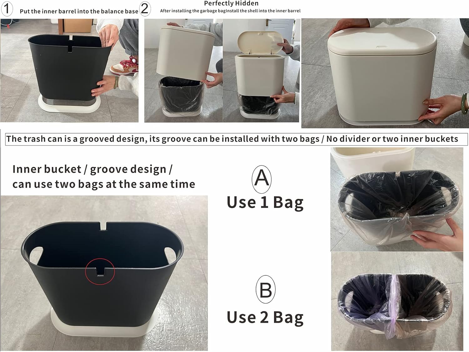 Black Slim Bathroom Trash Can with Press Top Lid,12 Liter Small Thin Garbage Can,3.17 Gallon Narrow Dog Proof Plastic Waste Basket and Covered Wastebasket for Room,Bedroom,Kitchen,Toilet,Office,Dorm - Image 3