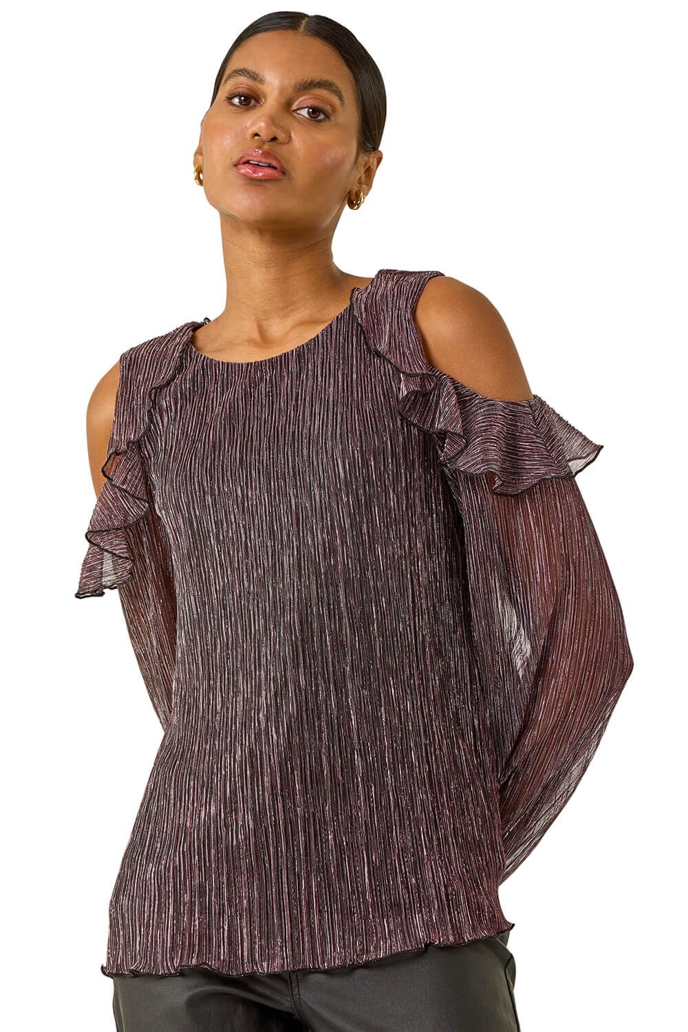 Roman Women's Pink Shimmer Cold Shoulder Plisse Top In Size 18