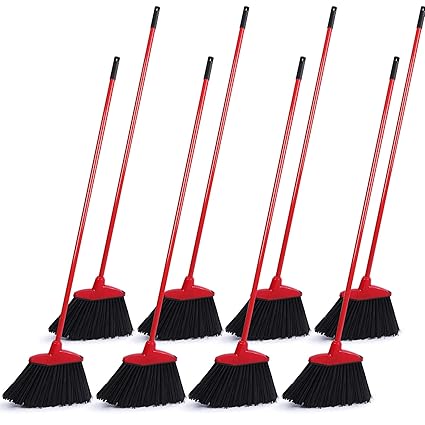 Nuogo 8 Pieces Broom Bulk Commercial Angle Broom Heavy Duty Indoor Outdoor Broom with Coated Metal Handle for?Courtyard Garage Lobby Shop Home Kitchen Office Floor, Red and Black