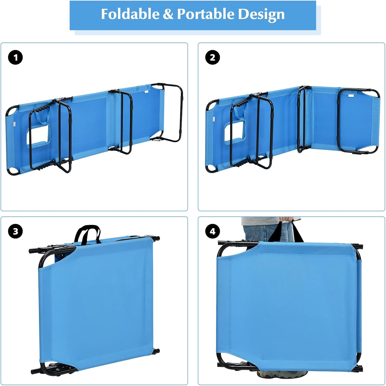 Folding Beach Lounge Chair w/ 5 Adjutable Backrest & Padded Pillow, Sunbathing Lounger Chair, Sun Tanning Lay Flat Chair for Seaside Pool Deck, Max Load 330 LBS, No Assembly Required (Blue)