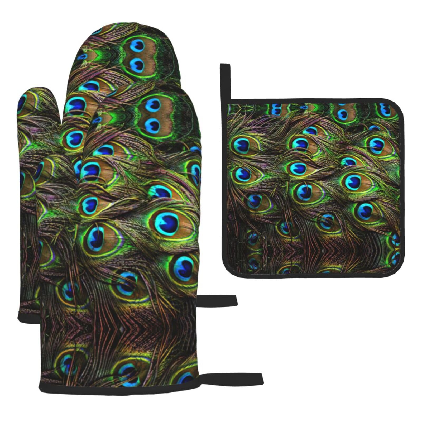 Oven Peacock Feather Print Mitts And Pot Holders 3pcs Set,Heat Resistant Waterproof Cooking Gloves For Bbq,Baking,Cooking