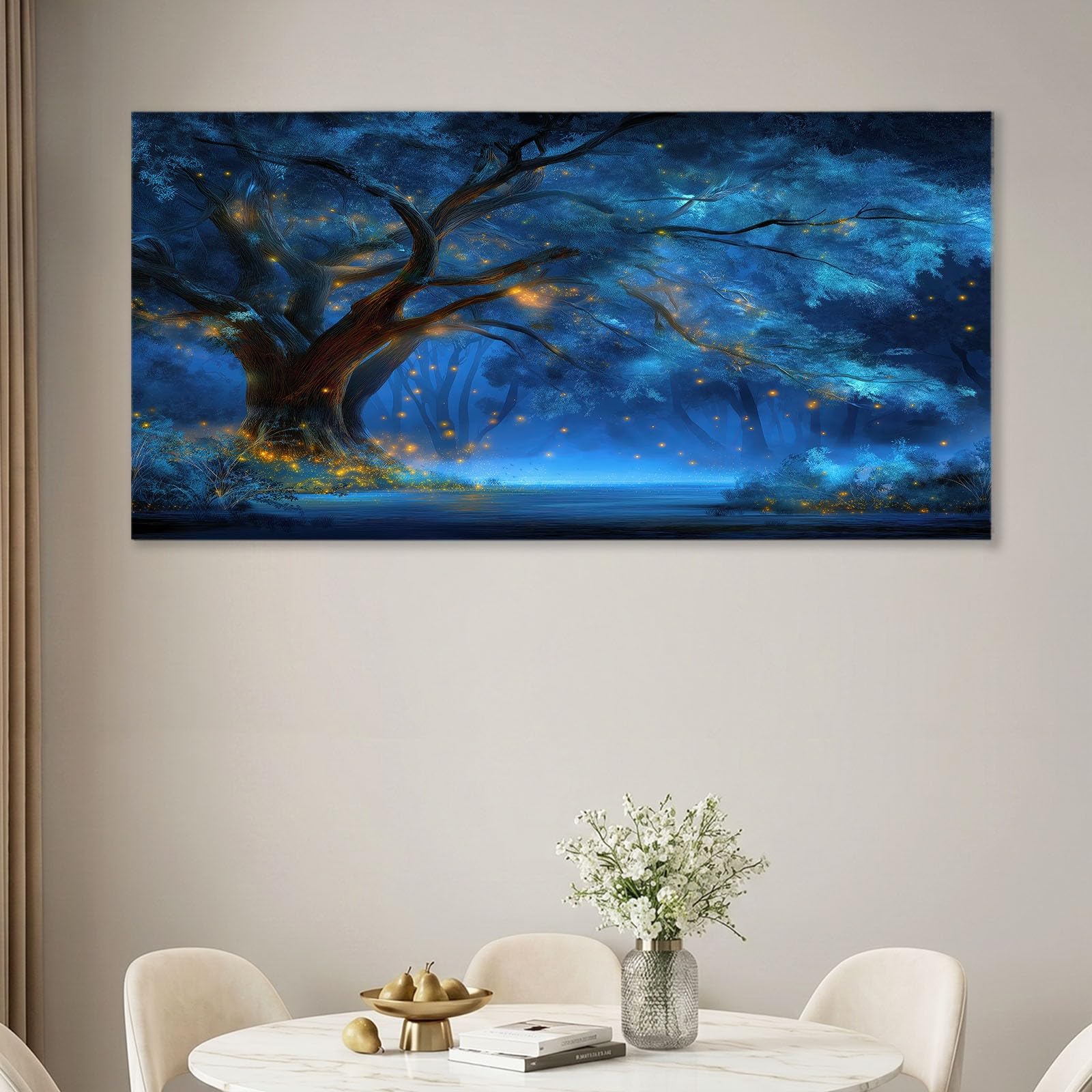 Obraz ścienny Fantasy las obraz na płótnie - płótno ścienne 120 x 60 cm, druk na płótnie ze świetlikami, roślinami, drzewami, oprawiona sztuka ścienna do salonu i sypialni, dekoracja ścienna