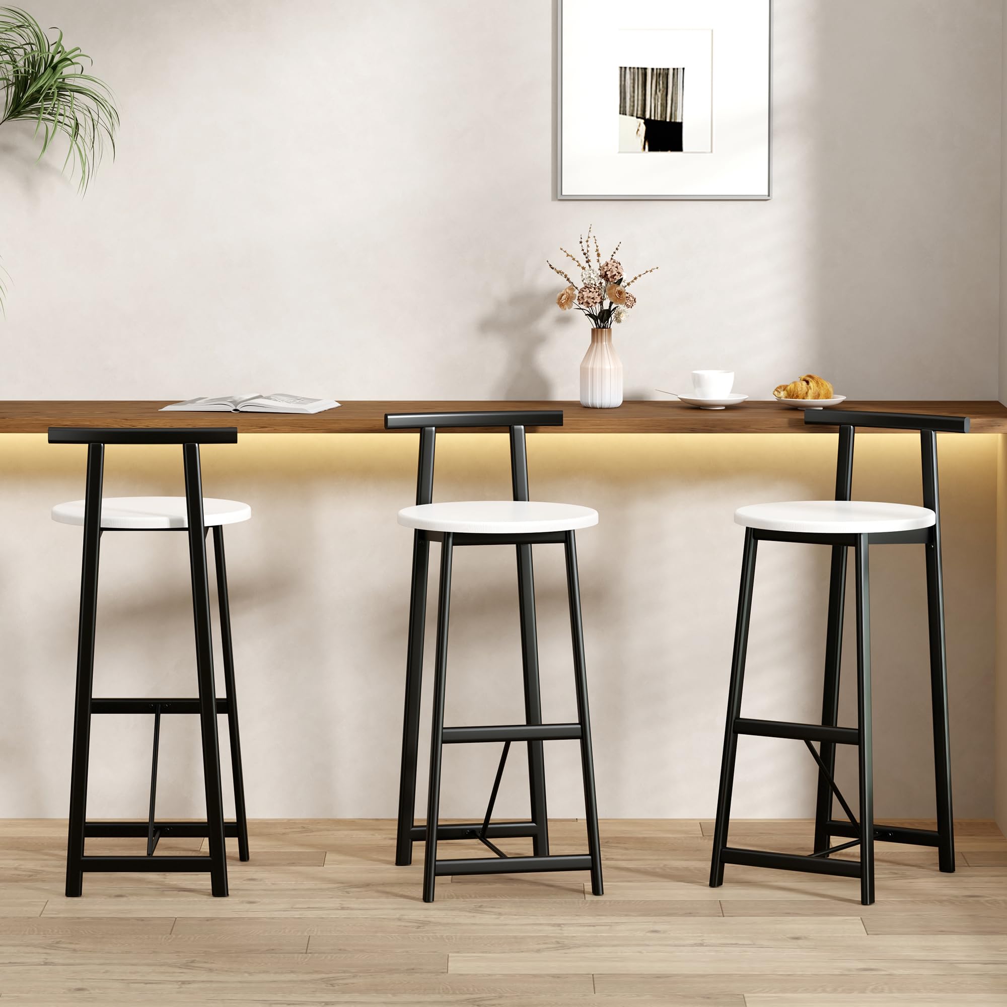 Warmiehomy Set of 3 Bar Stools - Farmhouse Bar Stools with Footrest - Height Counter Island Chairs - 27.56-Inch Height Dining Kitchen Chairs with Back