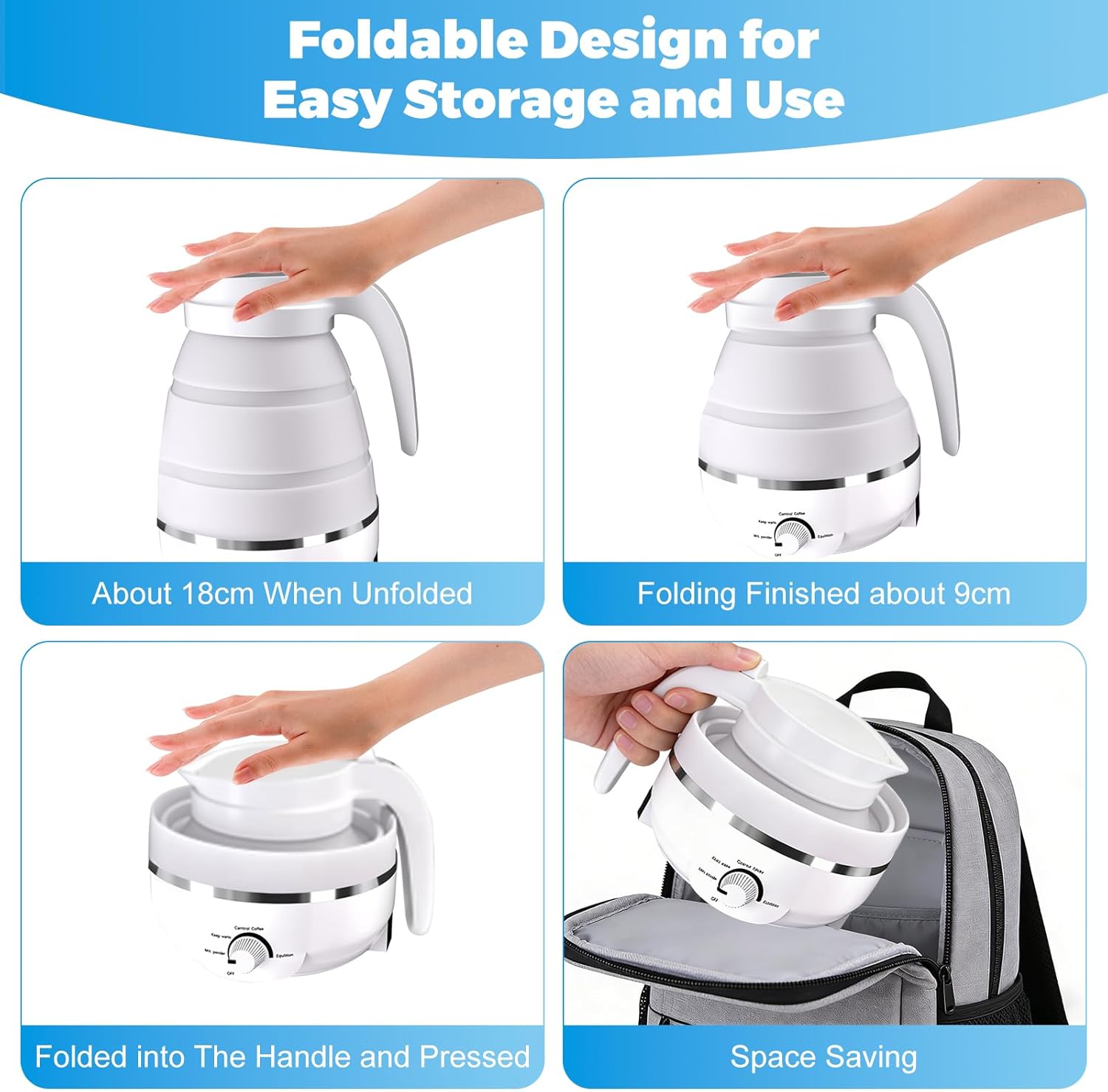 Qivine Collapsible Travel Kettle, Silicone Portable Water Boiler Kettle Electric 600ML, Foldable Electric Pot for Boiling Water, Small Camping Kettles for Tea Coffee with 2 Cups (White)