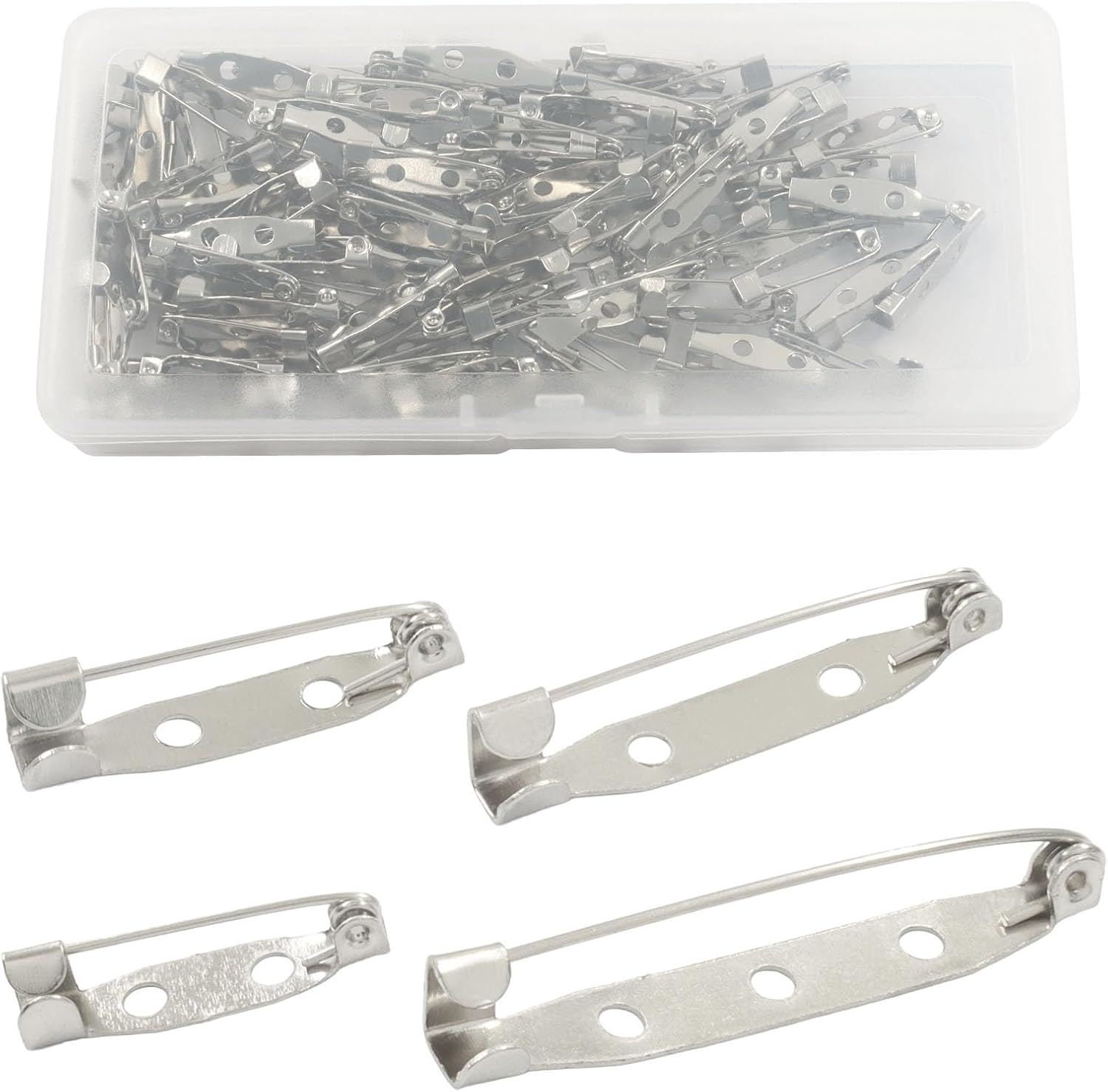 50 Pcs Silver Brooch Pin Backs, 5 Sizes(20mm/25mm/32mm/38mm/45mm) Metal Safety Clasp for Jewelry Making, Name Tags & DIY Pins for Crafts