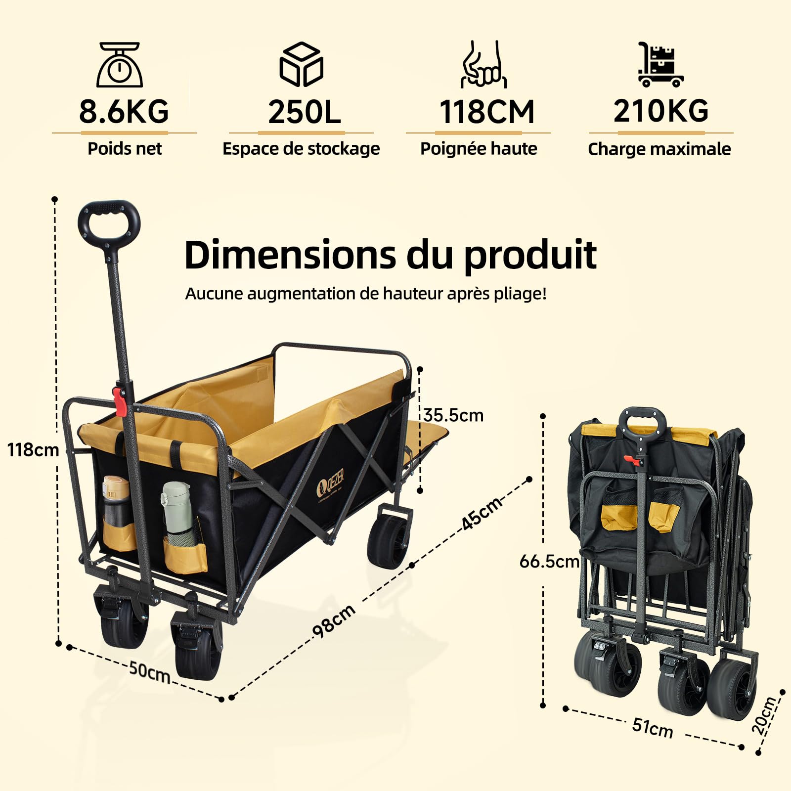 Chariot Pliable avec Roues Tout Terrain,Capacité de Charge 220 kg/270 kg, Chariot de Transport Multifonction pour Plage，Jardin, Camping, Pêche et Barbecue (Noir et Jaune, Grande Taille)