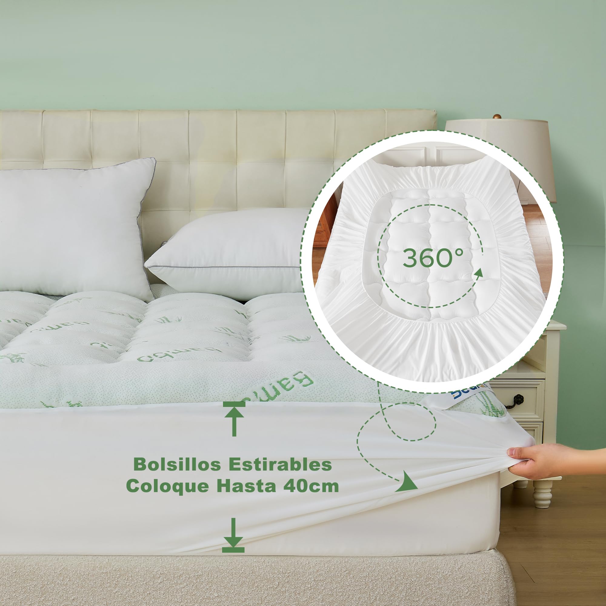 BEDLORE Sobrecolchón 160x200 cm, Topper Acolchado de Bambú Transpirable y Suave, Cubre Colchón con Faldón Elástico hasta 40 cm, Certificación Oeko-Tex, Verde