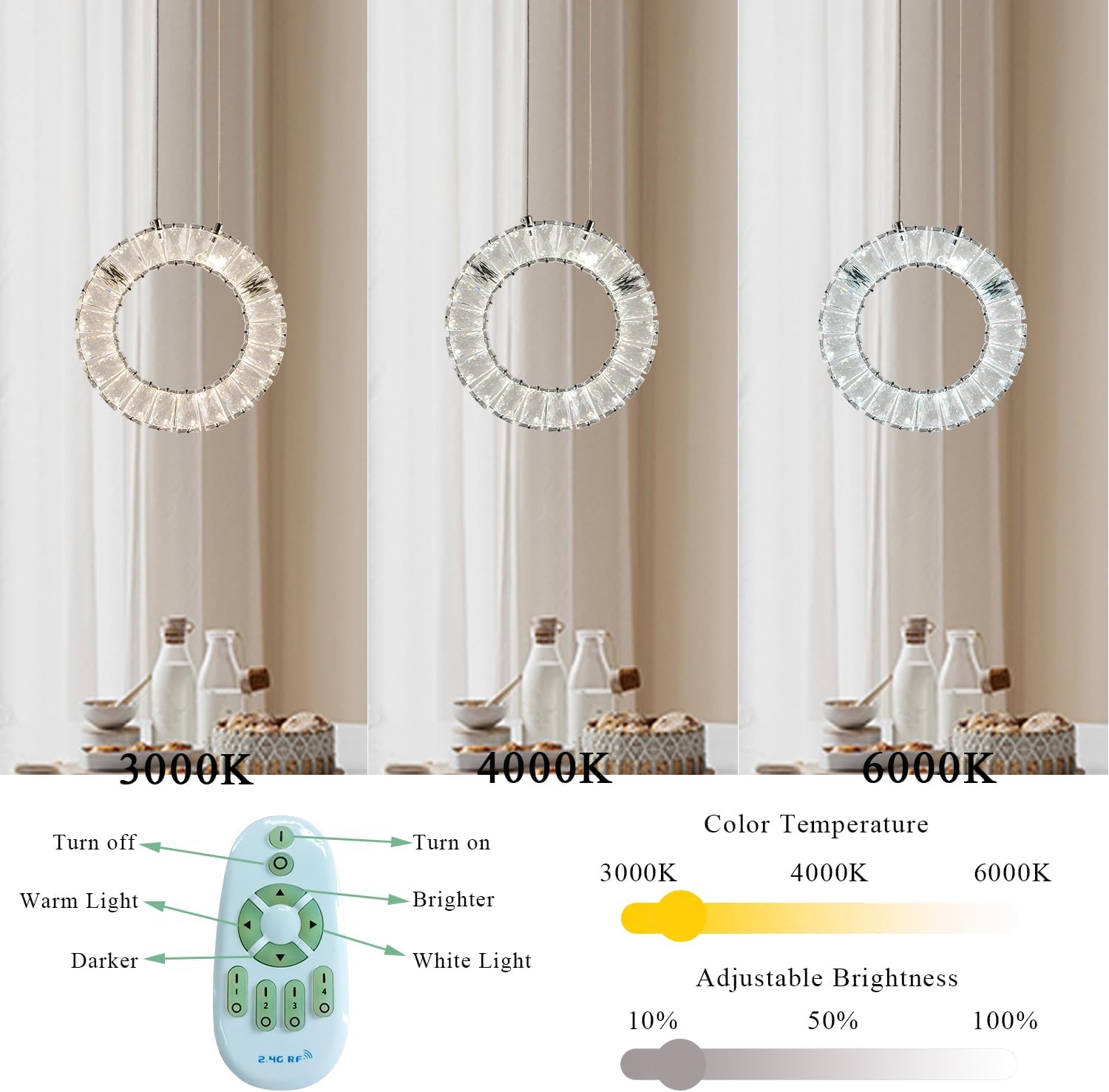 Ring Pendant Lights in Chrome, Modern Crystal Pendant Light Fixture Kitchen Island, Small Dimmable LED Pendant Hanging Lighting with Remote for Dining Room Bedroom Bathroom