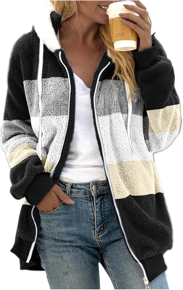 SHAOBGE Oversized Fuzzy Fleece Jackets For Women Fashion 2024 Color Block Faux Fur Cardigan Coat Shaggy Warm Winter Outerwear