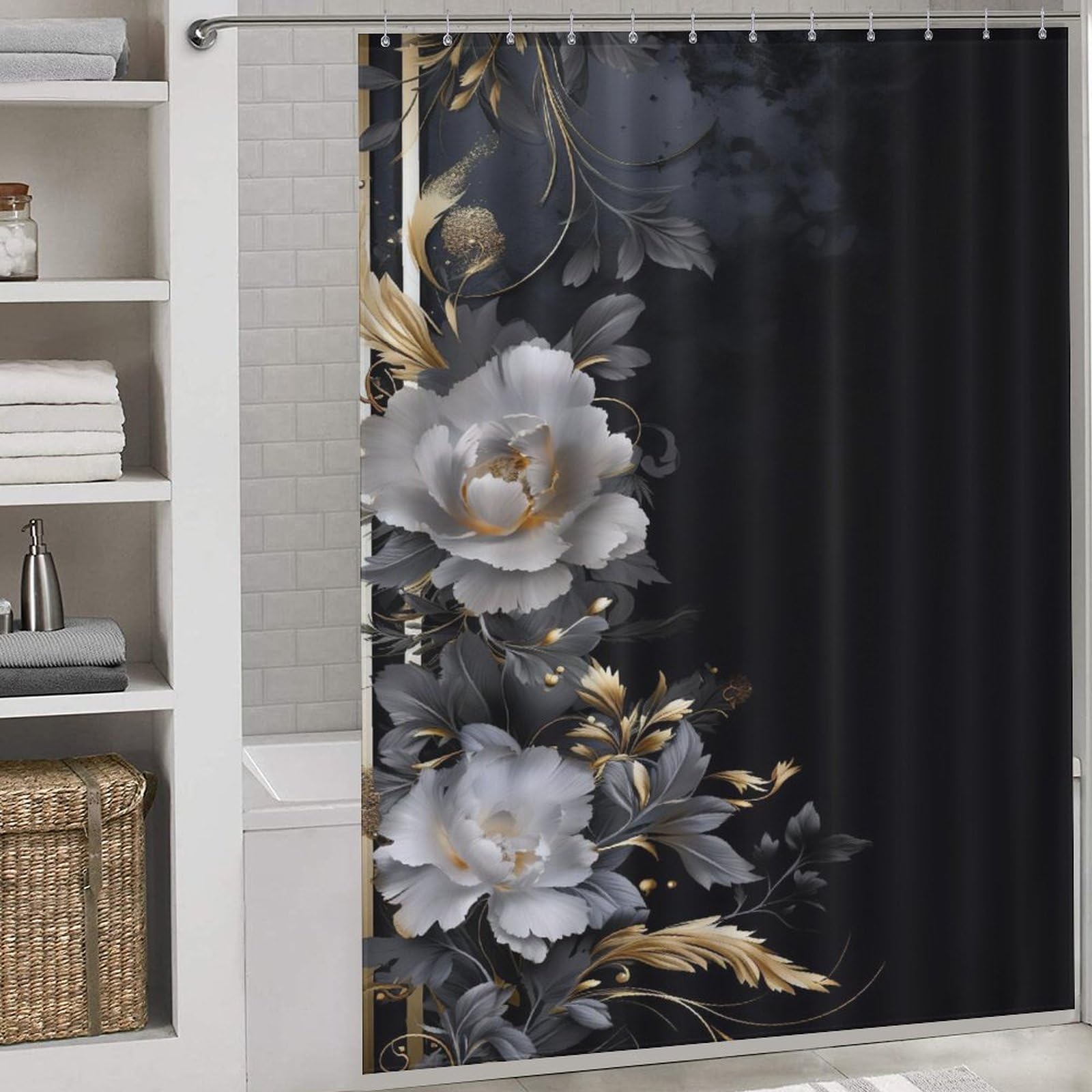 Rideau de douche fleur tissu 168x183cm imperméable pour baignoire