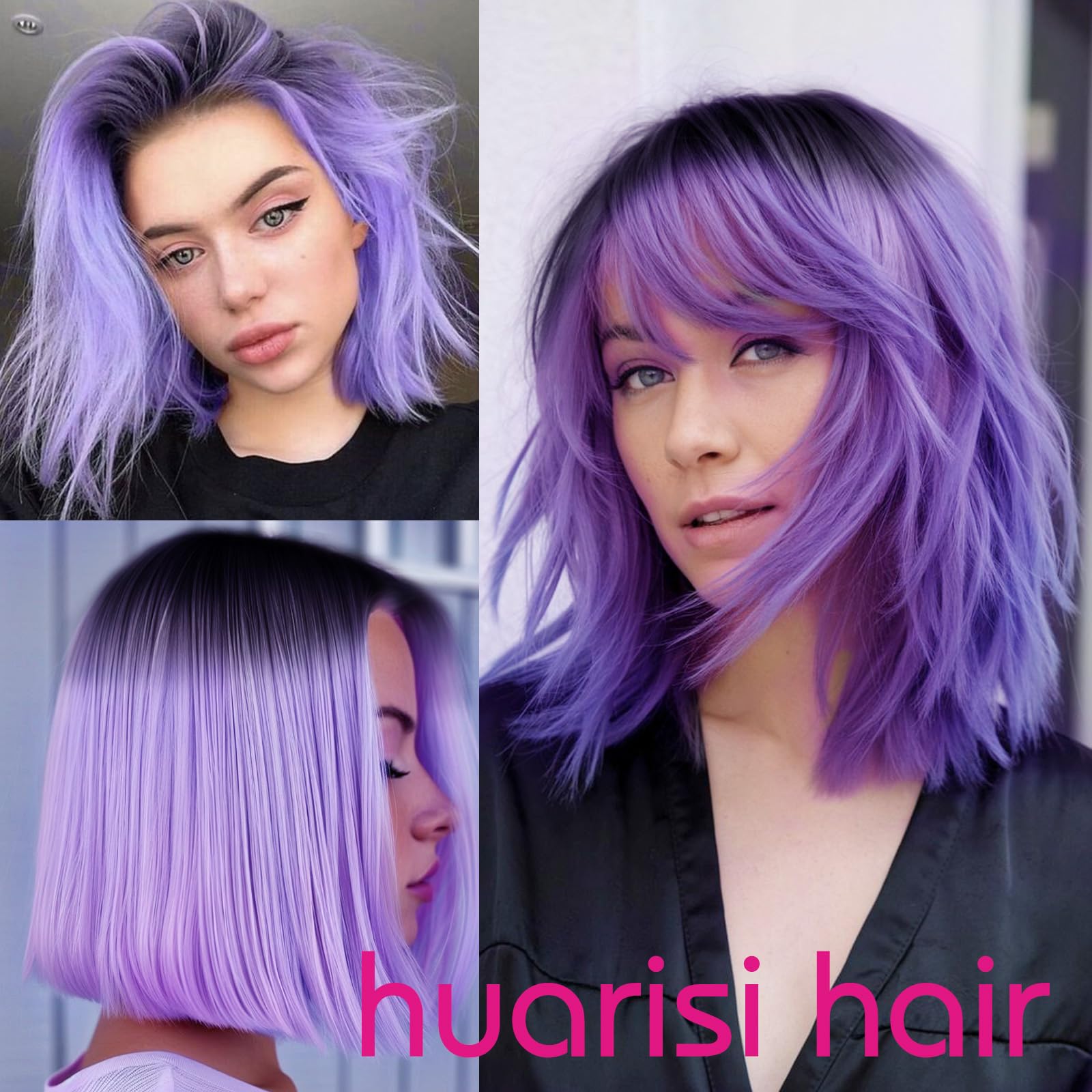 Huarisi Ombre Purple U Part Bob Wig Human Hair Straight 12 Inch Short Real Hair Brazilian U-part Wigs with 1b to Purple Colour for Black Women - Image 2